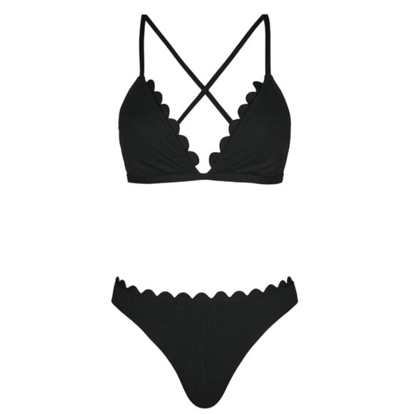 CUPSHE Womens 2PC Swimsuit M Black Scalloped V Neck Crisscross Tie Bikini - Picture 4 of 9